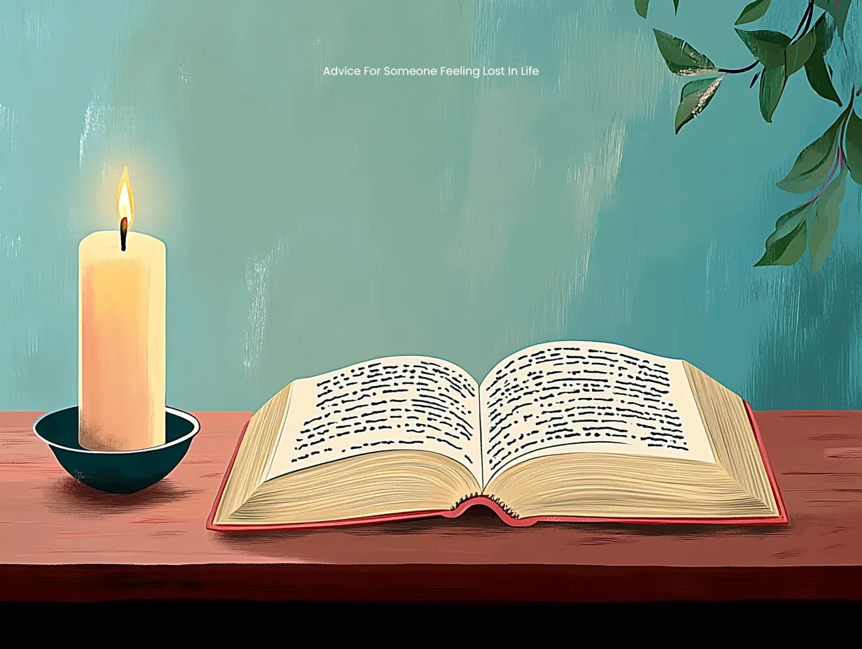 Advice for someone feeling lost in life – vector illustration of an open book and a glowing candle on a wooden table with green leaves in the background