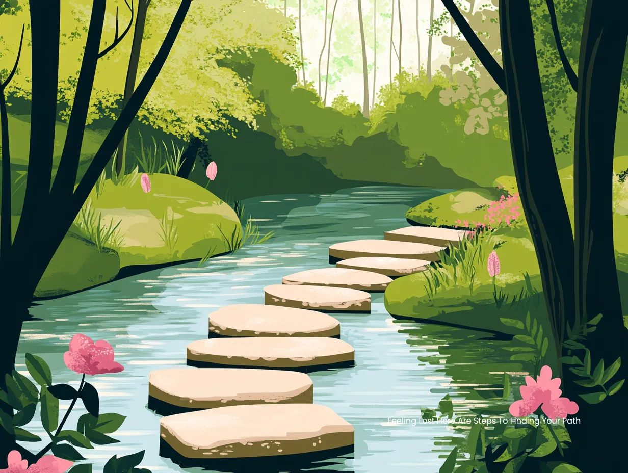 Feeling lost? Here are steps to finding your path – vector illustration of stone steps crossing a calm stream in a lush green forest
