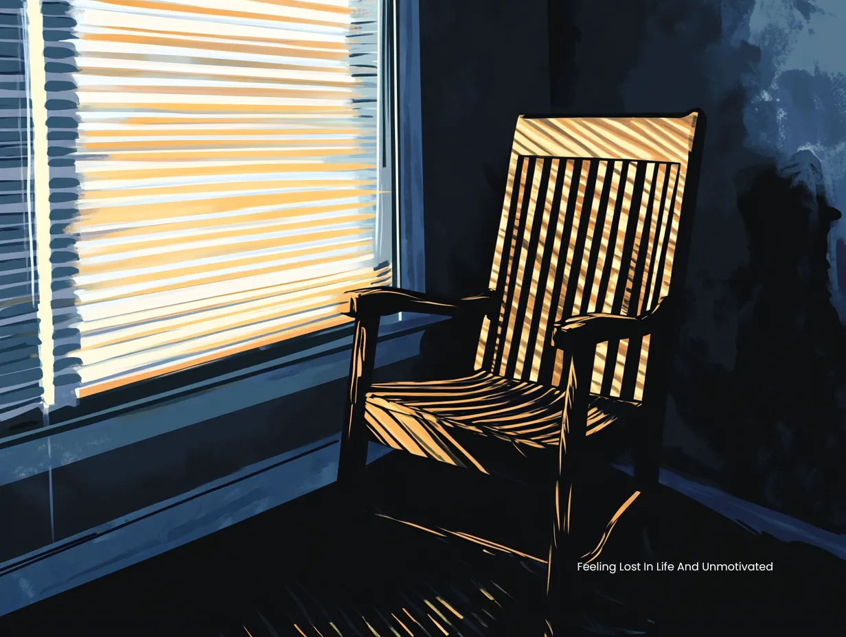 Feeling lost in life and unmotivated – vector illustration of a dark, empty room with a wooden chair facing closed blinds and sunlight casting striped shadows