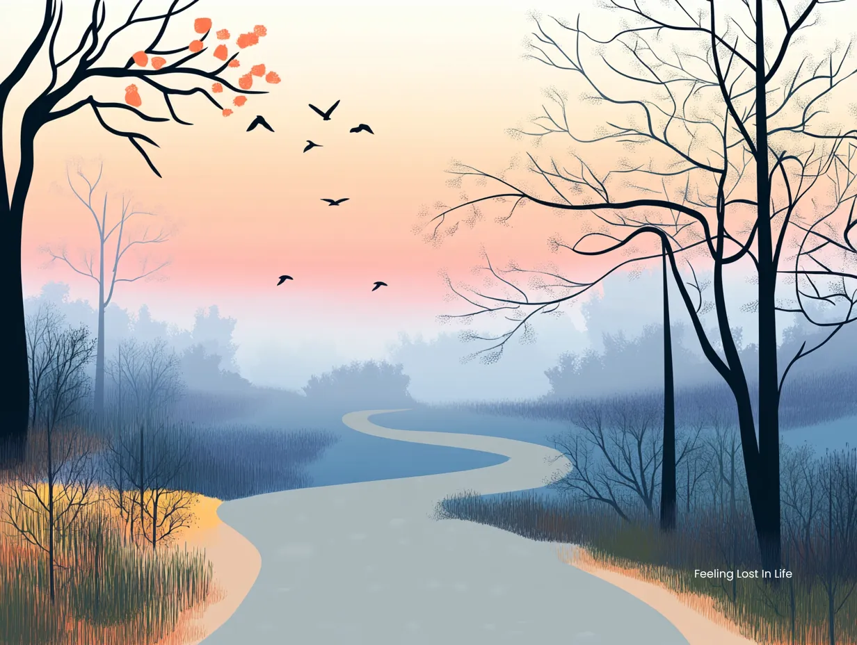 Feeling lost in life – vector illustration of a winding path disappearing into heavy fog at dusk