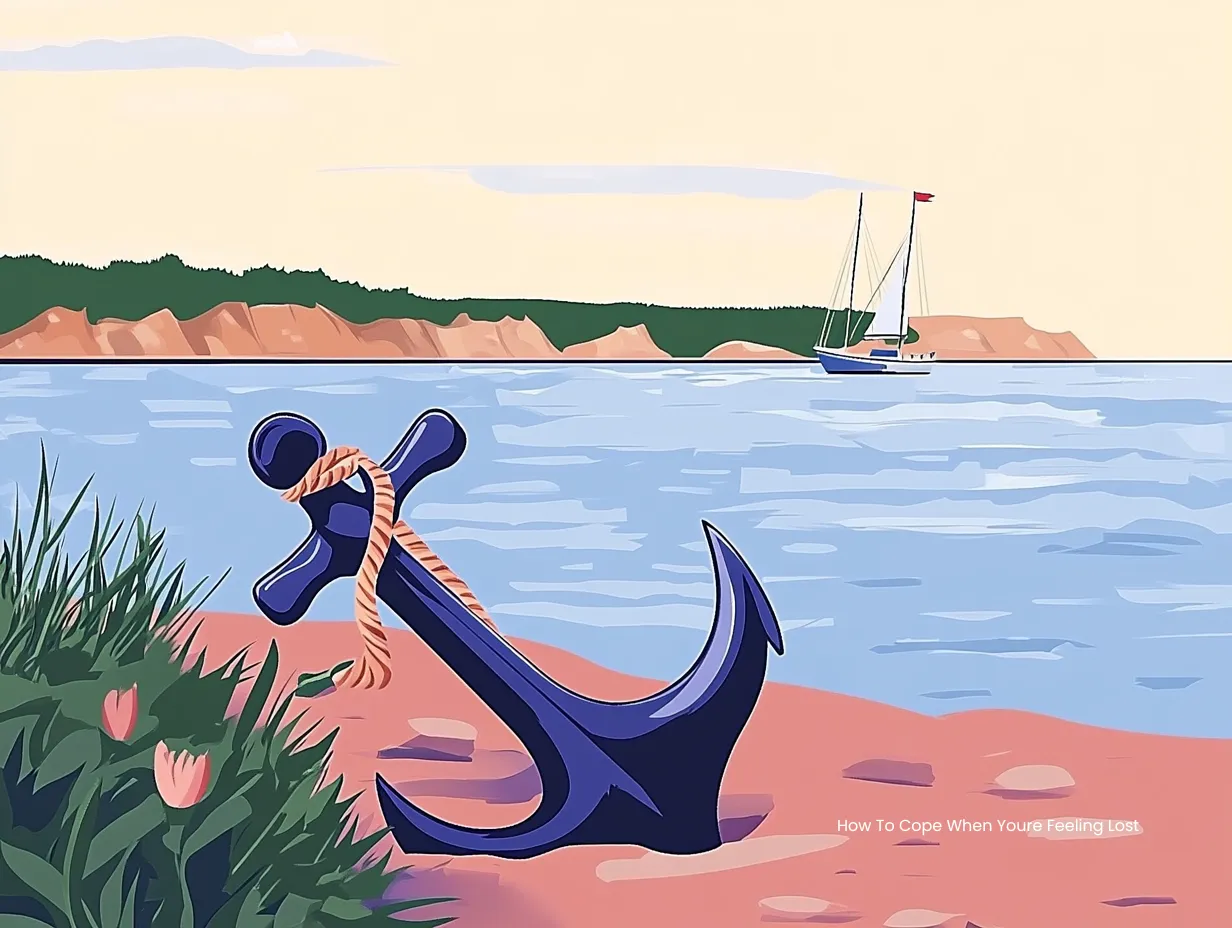 How to cope when you're feeling lost – vector illustration of a large anchor resting on a quiet shoreline with a sailboat in the distance