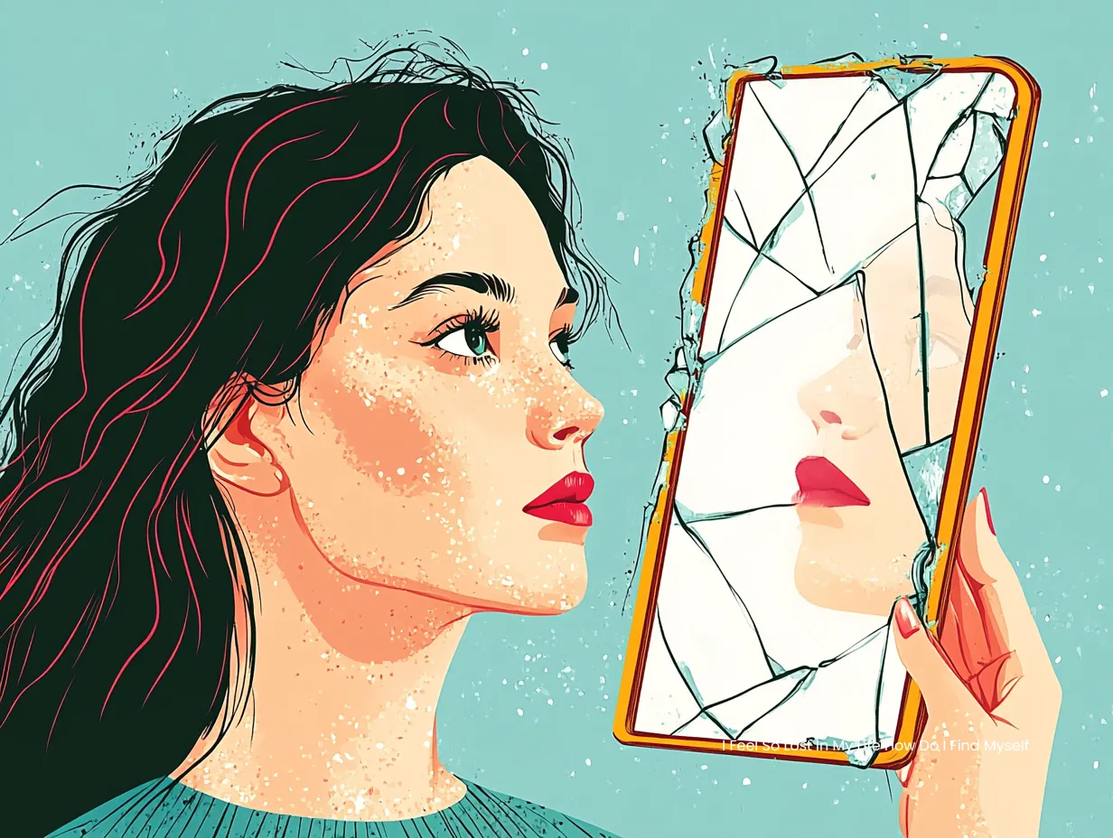 I feel so lost in my life how do I find myself – vector illustration of a woman holding a cracked mirror showing a fragmented reflection of her face