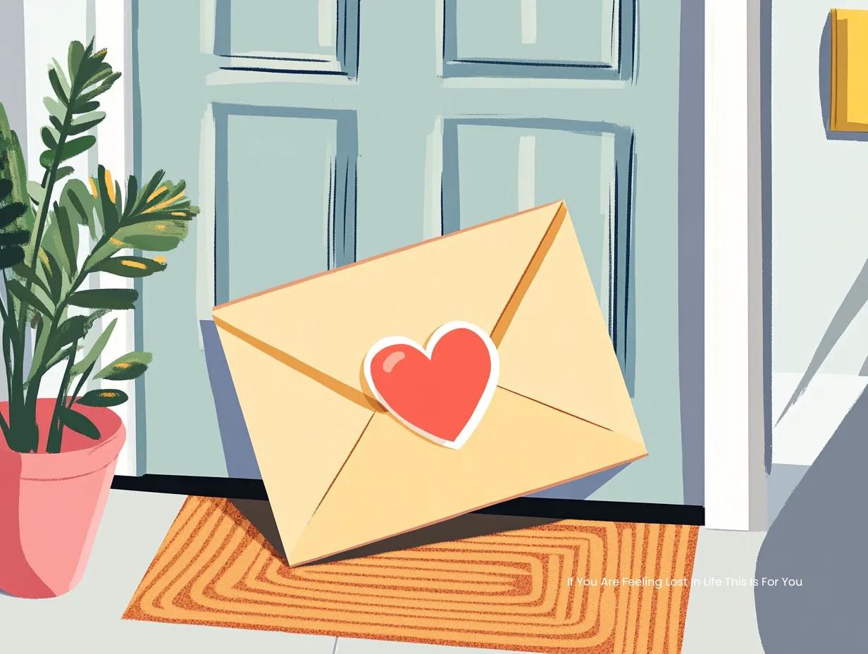 If you are feeling lost in life this is for you – vector illustration of a large envelope with a heart sticker resting on a doormat in front of a closed door