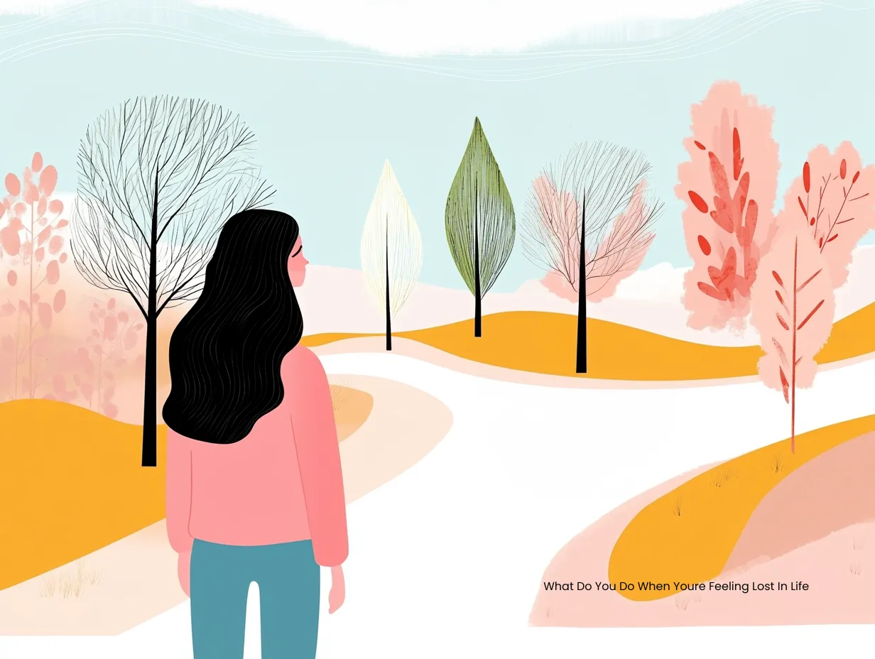 What do you do when you're feeling lost in life – vector illustration of a woman with long dark hair standing at a fork in a dirt road, unsure which way to go