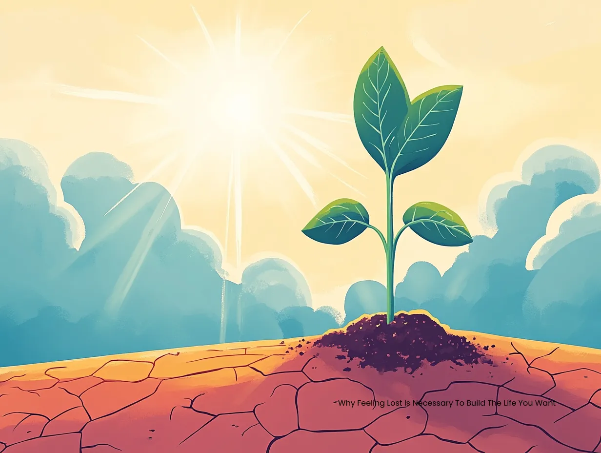 Why feeling lost is necessary to build the life you want – vector illustration of a green seedling sprouting from cracked soil under a bright, glowing sun