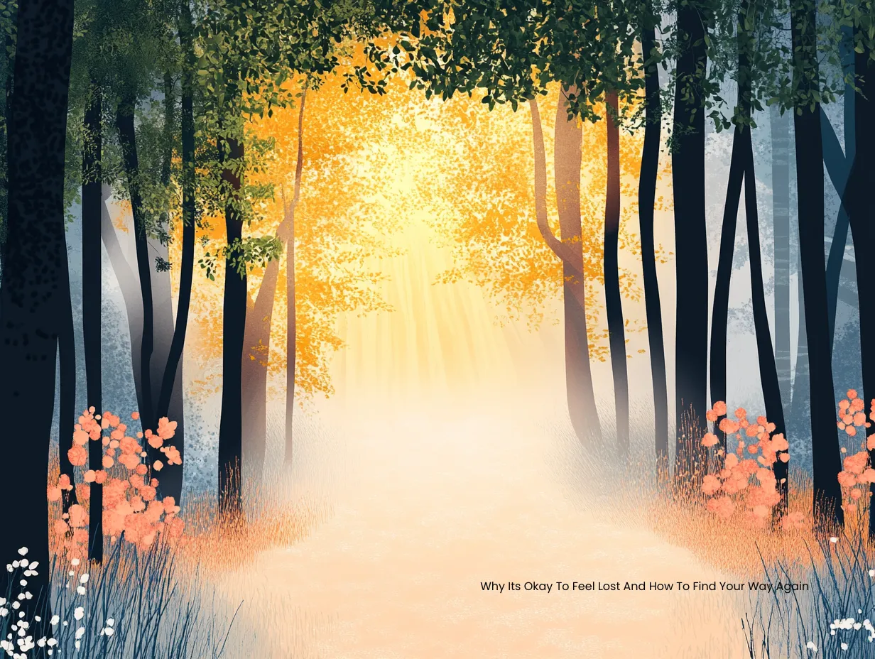 Why it’s okay to feel lost and how to find your way again – vector illustration of a sunlit path cutting through a dense forest filled with morning light