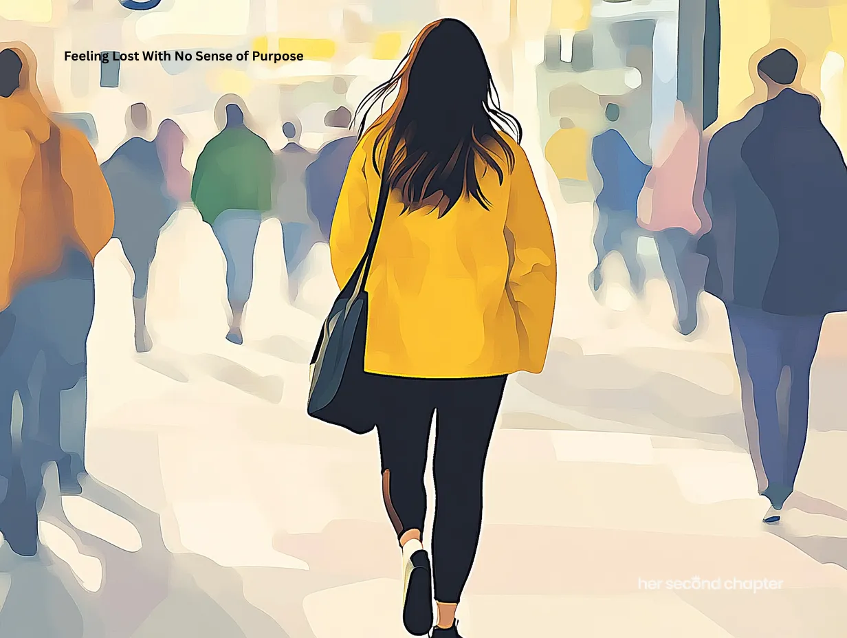 Woman walking through a crowded city street alone, surrounded by blurred people, representing a sense of being adrift without purpose