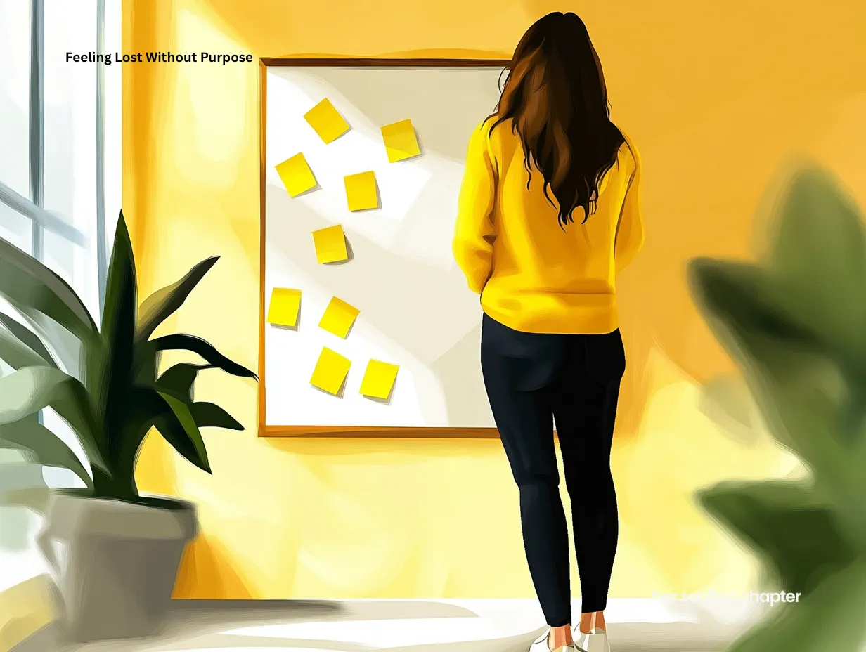 Woman staring at a wall filled with blank sticky notes, symbolizing feeling lost without direction or clarity of purpose