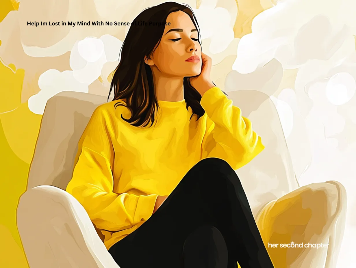 Woman sitting in a chair with eyes closed, lost in thought, surrounded by abstract cloudy shapes, representing mental confusion and loss of purpose