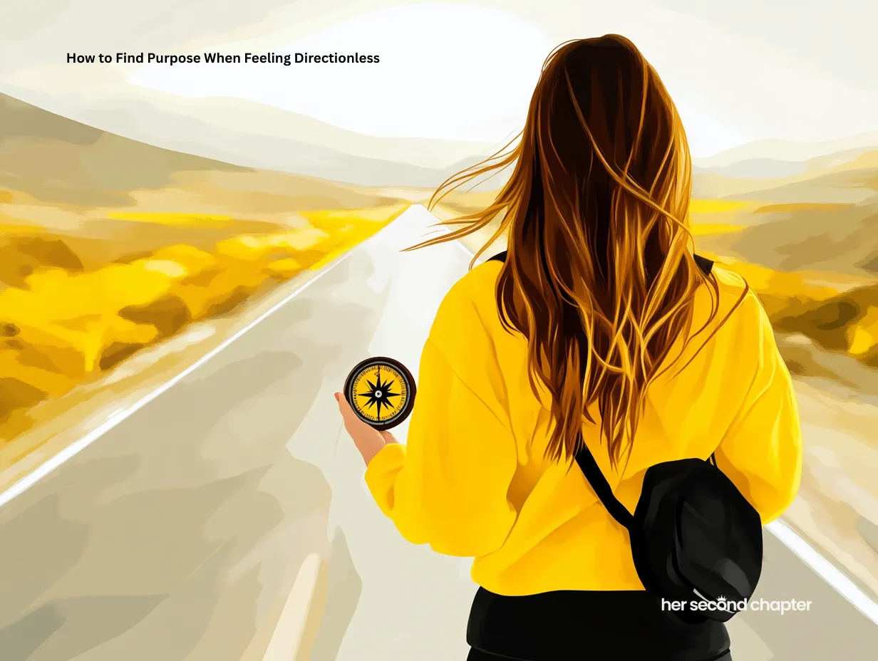 Woman holding a compass, walking down an open road in the middle of a yellow-toned landscape, searching for direction