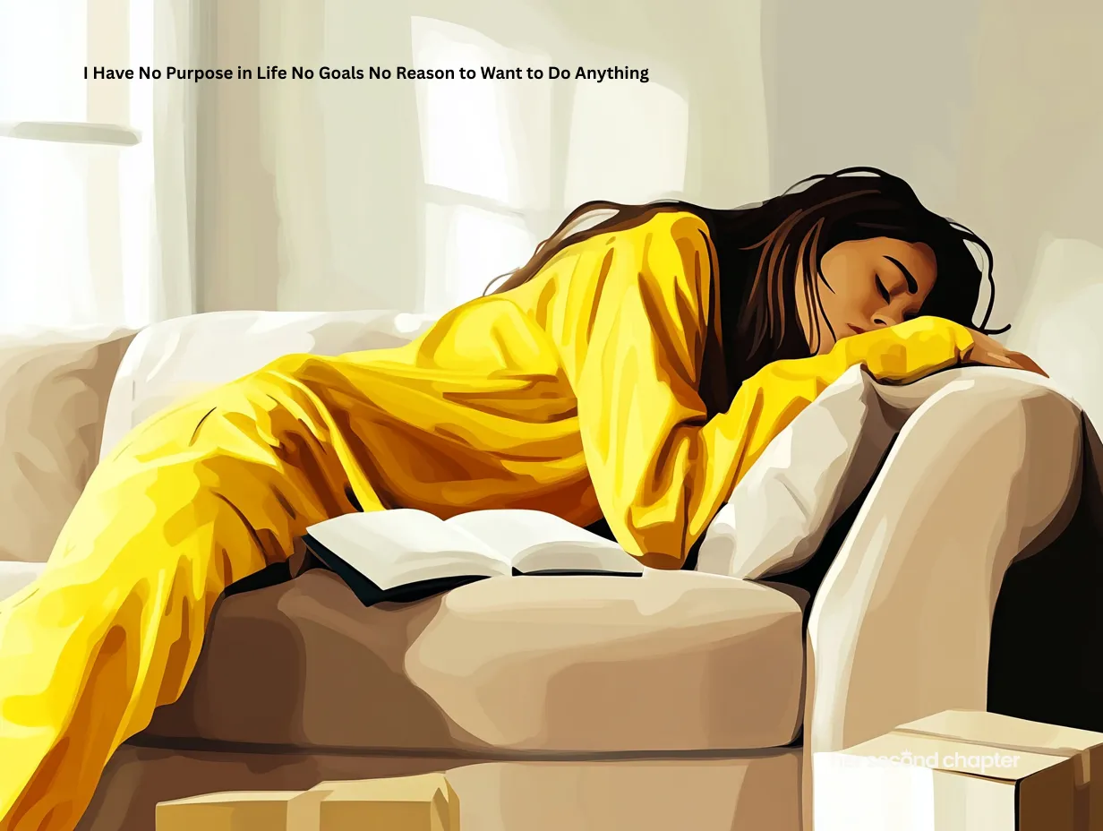 Woman in yellow pajamas asleep on a couch beside an open book, overwhelmed and uninspired to move forward