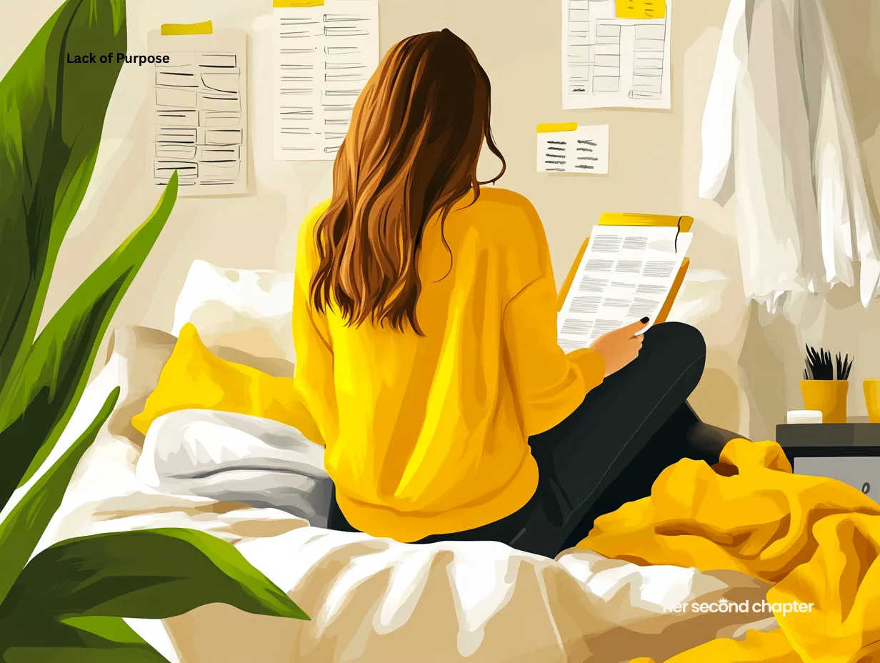 Woman sitting on a bed with papers taped on the wall in front of her, suggesting deep contemplation and lack of direction