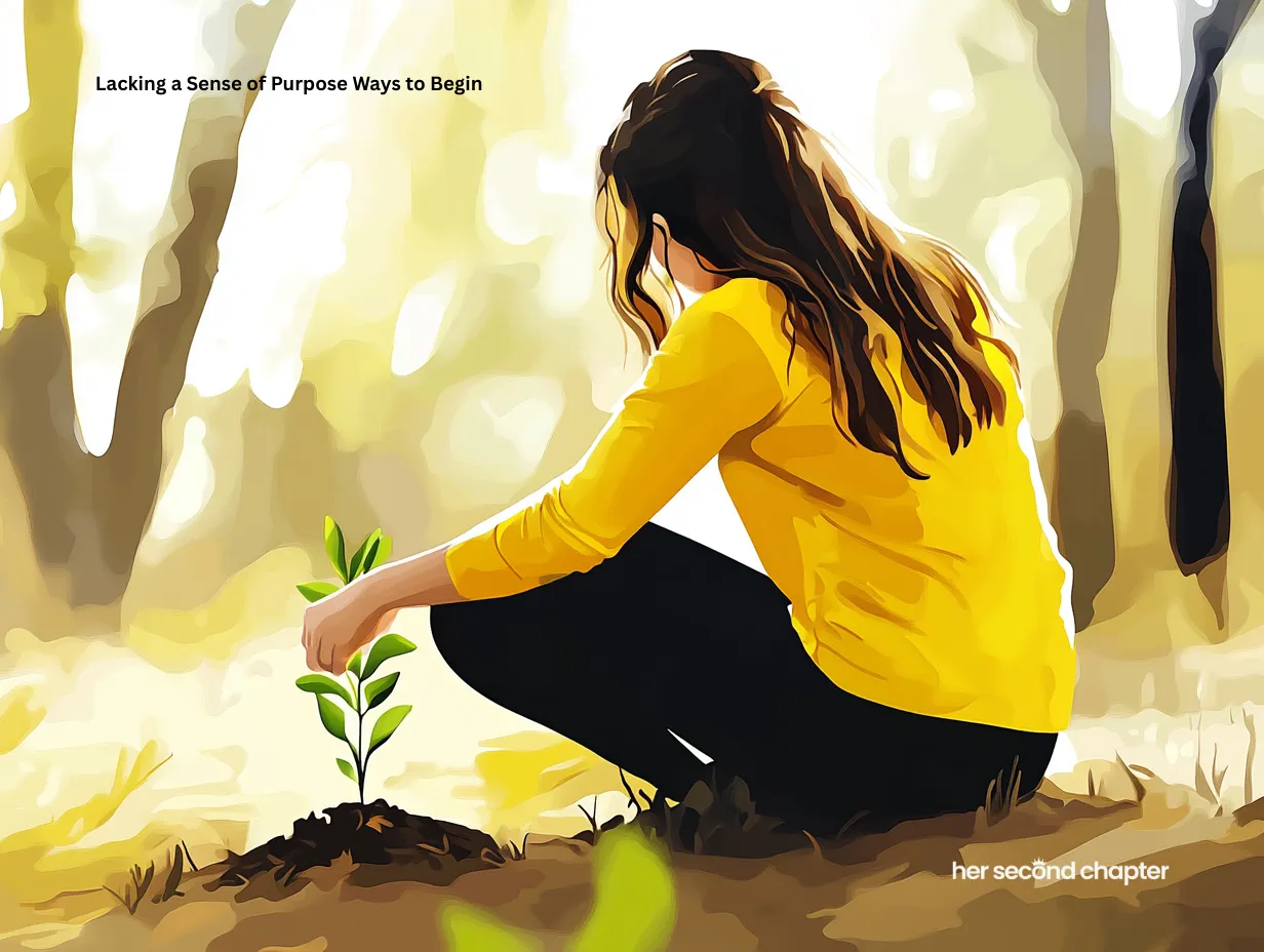 Woman crouching beside a small plant she just planted, symbolizing small beginnings and the possibility of growing a renewed sense of purpose