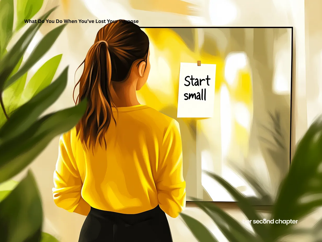 Woman reading a note that says 'start small' posted on a mirror, representing tiny actions as a step toward rediscovering purpose