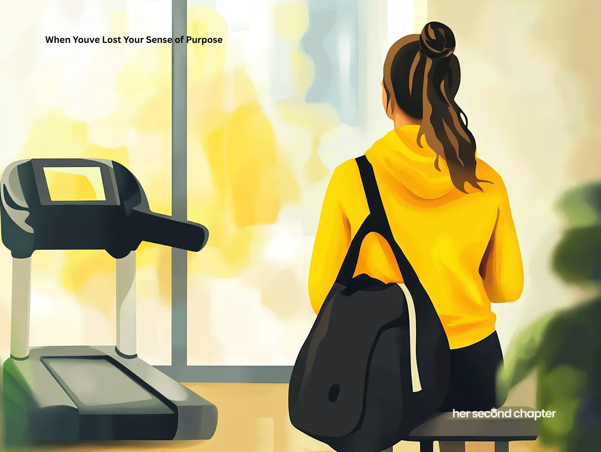 Woman walking away from a treadmill at a gym, unsure and paused, symbolizing the loss of drive or direction