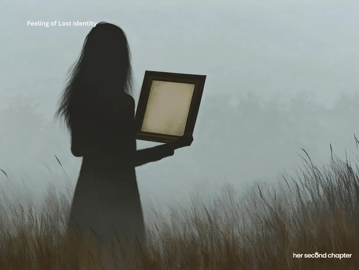 Illustration symbolizing a feeling of lost identity, with a woman holding a blank frame in a foggy field
