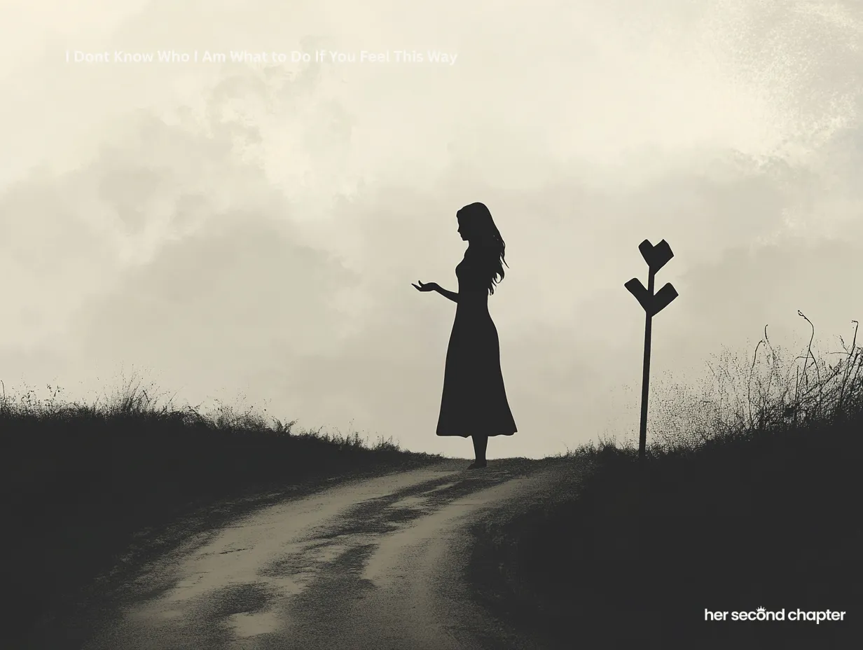 Woman at a forked path with open hands, illustrating the feeling of not knowing who you are and seeking direction
