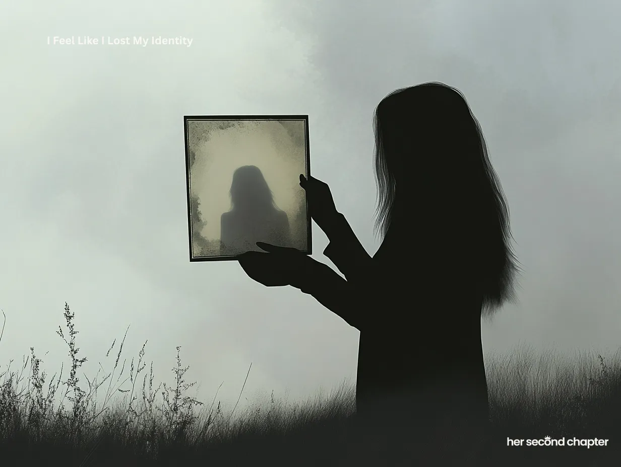 Visual depiction of a woman feeling like she lost her identity, holding a mirror reflecting her silhouette