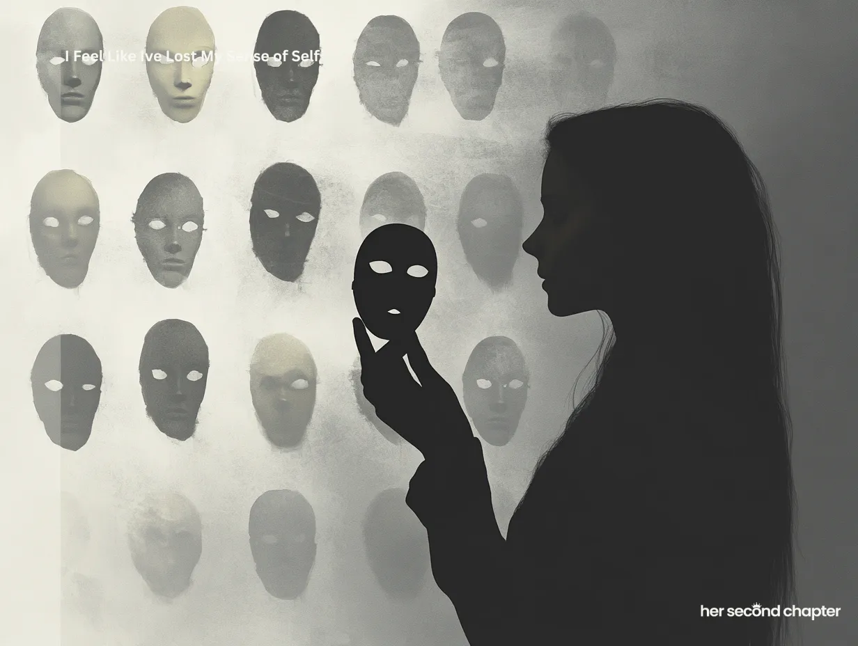A silhouette of a woman surrounded by masks, symbolizing loss of sense of self and confusion about identity
