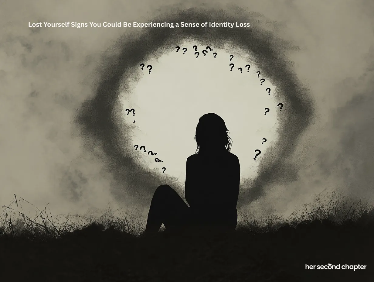 Illustration of a woman surrounded by question marks, reflecting signs you may be experiencing a sense of identity loss