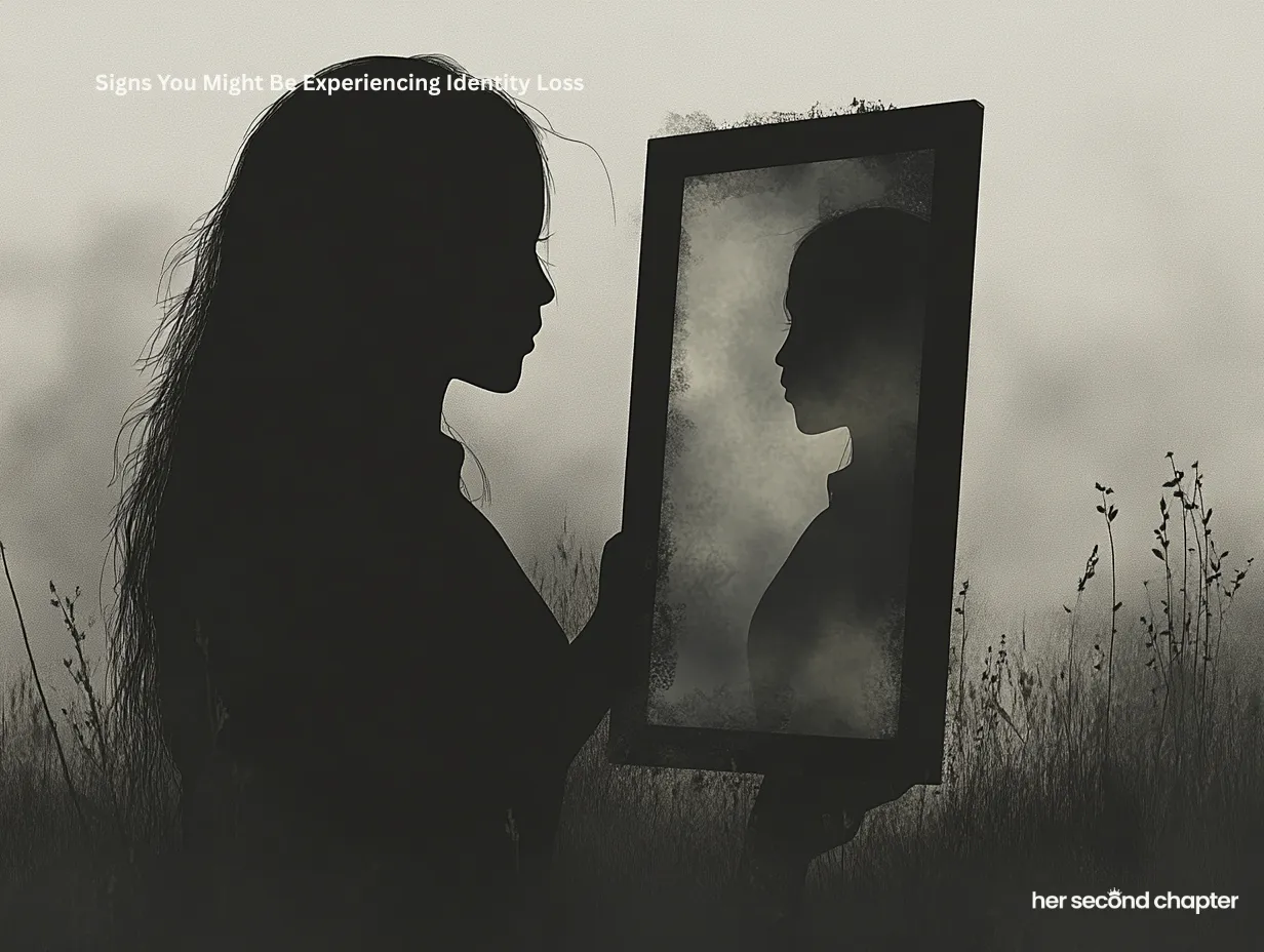 Woman facing a faded reflection in a mirror, representing signs of experiencing identity loss