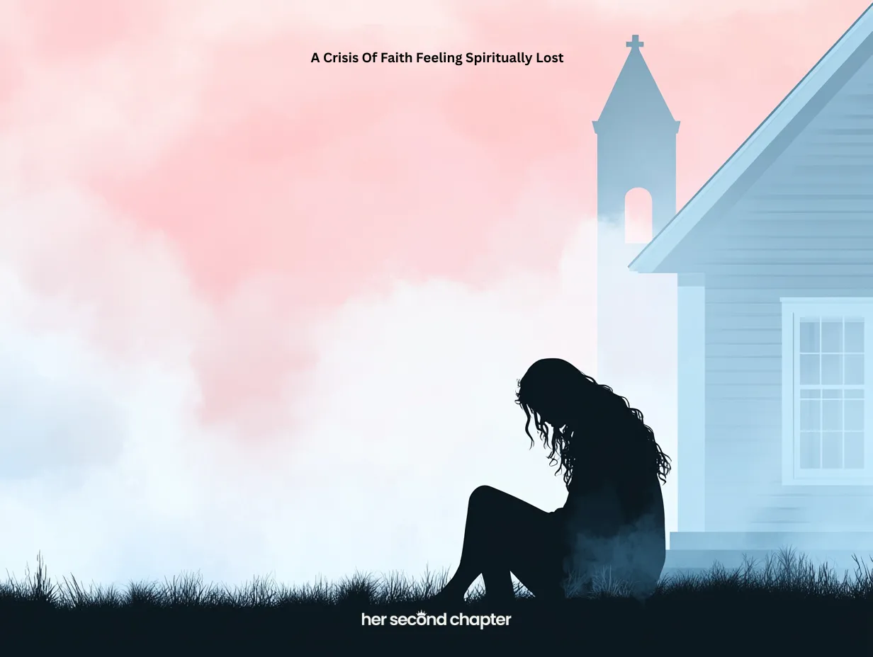 Crisis of faith image showing a woman near a church building, lost in thought and spiritually weary