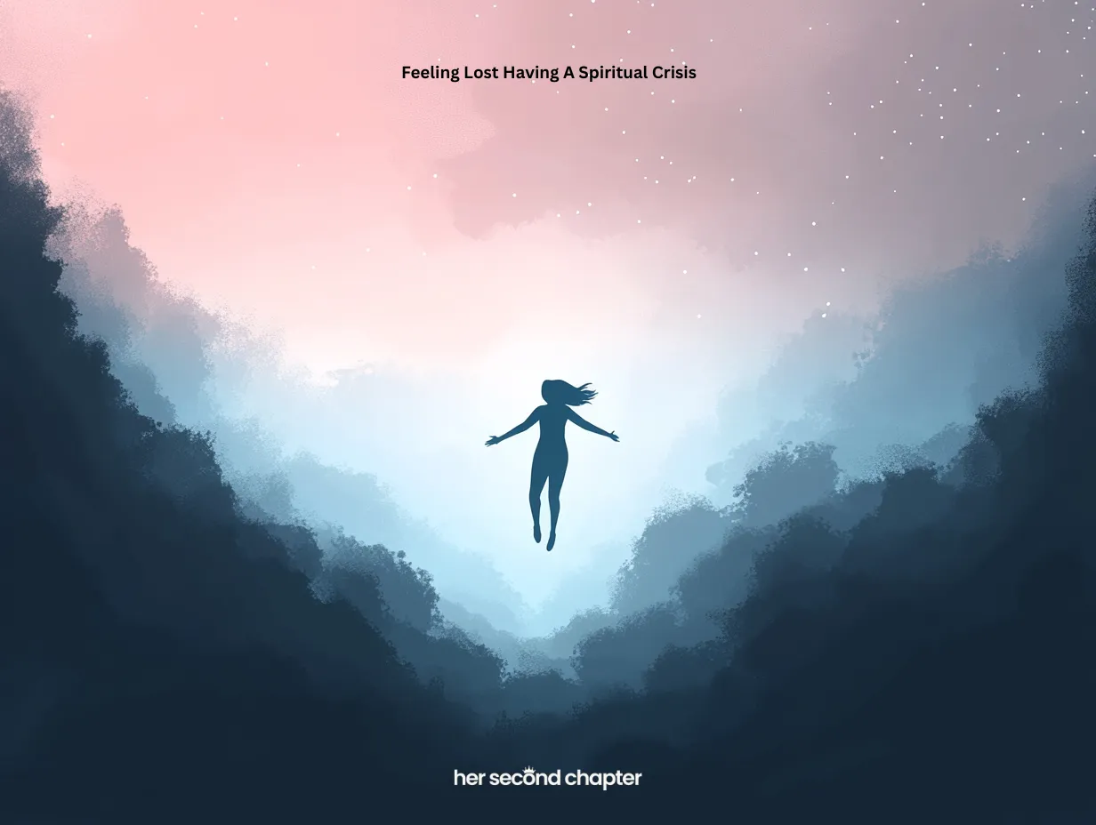Spiritual crisis artwork showing a figure floating in a dark sky between light and shadow, representing feeling lost spiritually