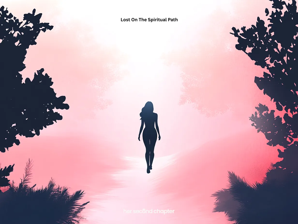 Lost on the spiritual path illustration of a woman walking through a forest trail, unsure of her direction