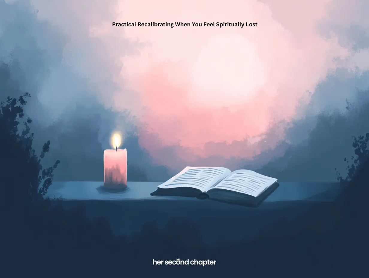 Recalibrating your faith illustration with a glowing candle and open journal representing reflection and spiritual renewal