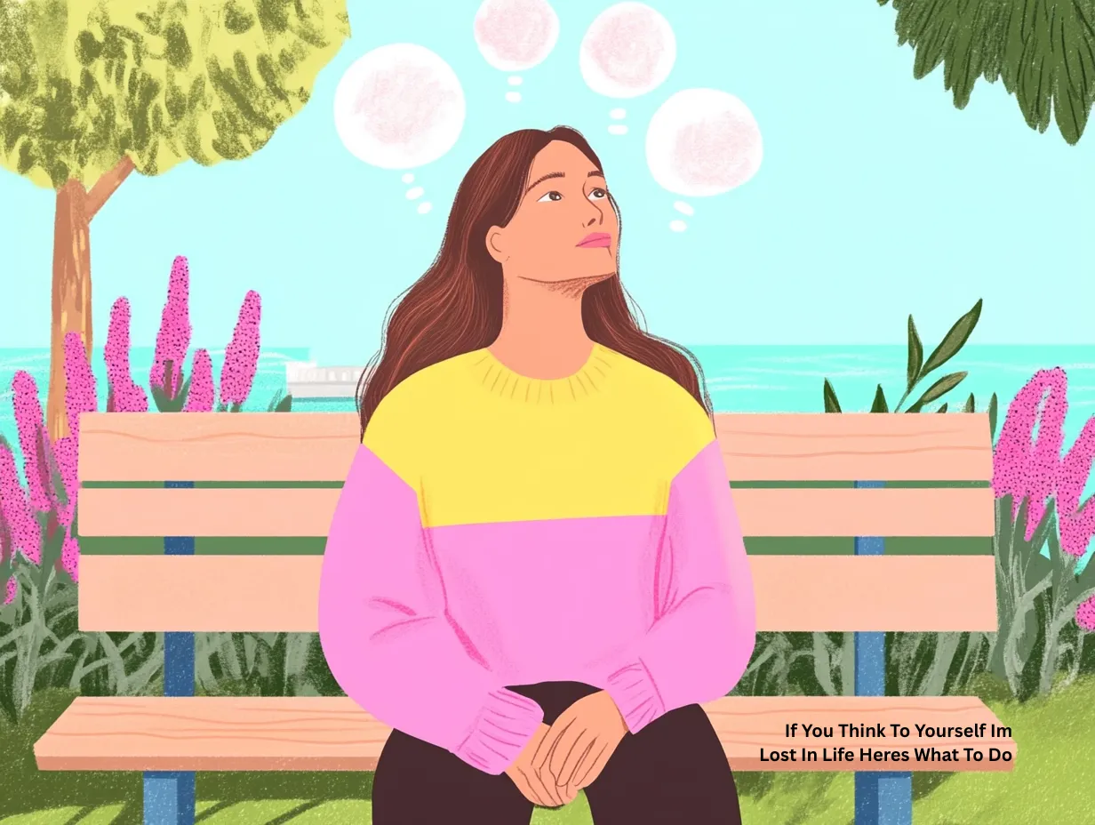 If you think to yourself im lost in life heres what to do vector illustration of a woman sitting on a bench looking thoughtful with floating thought bubbles