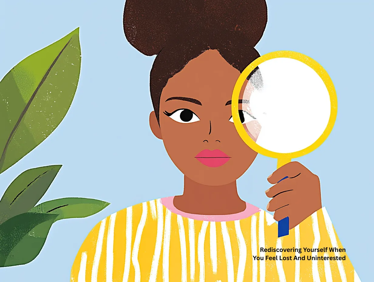 Rediscovering yourself when you feel lost and uninterested vector illustration of a woman holding a magnifying glass up to her face