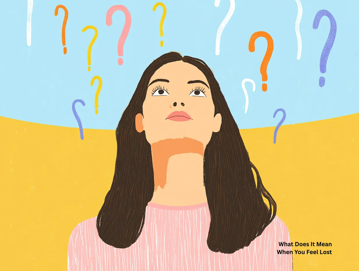 What does it mean when you feel lost vector illustration of a woman looking upward surrounded by colorful question marks