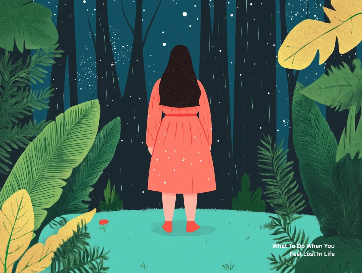 What to do when you feel lost in life vector illustration of a woman in a red dress standing alone in a forest at night looking at the stars