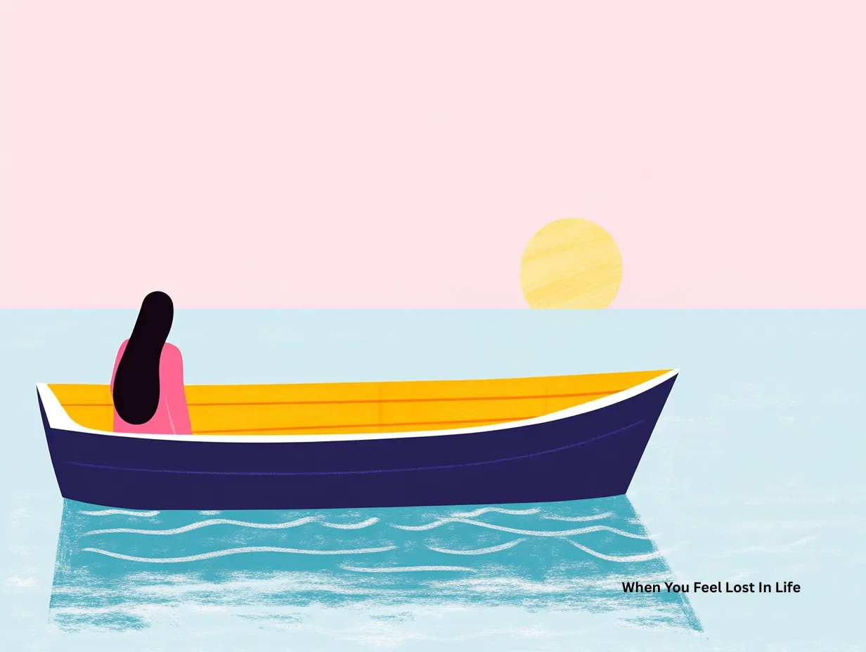 When you feel lost in life vector illustration of a woman sitting alone in a boat on still water with the sun setting