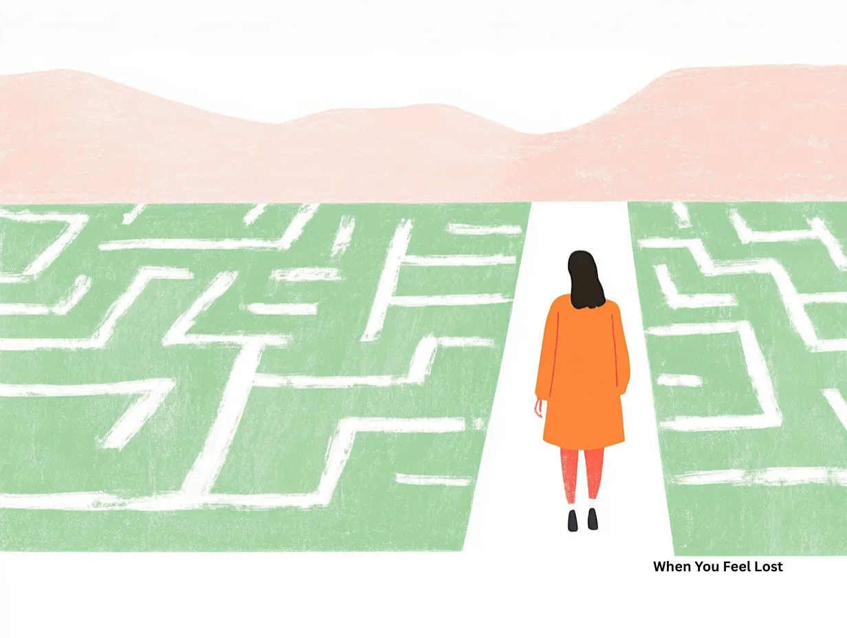 When you feel lost vector illustration of a woman in an orange coat standing before a maze with a clear path ahead
