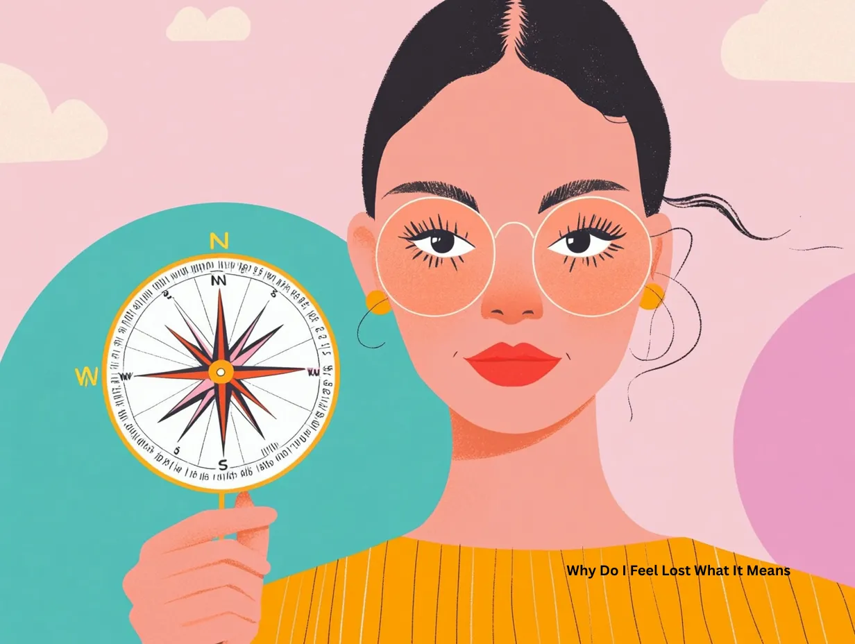 Why do I feel lost what it means vector illustration of a woman holding a compass with a calm expression